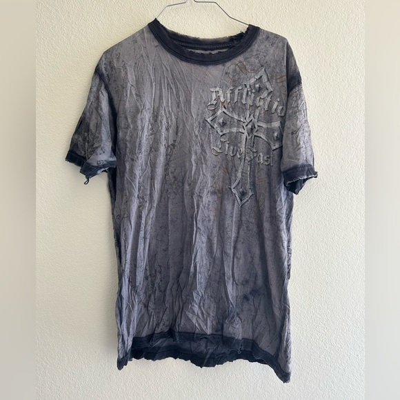 Affliction Mens Gray Graphic T-Shirt Live Fast Cross Scull Grunge Punk Rock Sz L - Picture 1 of 10